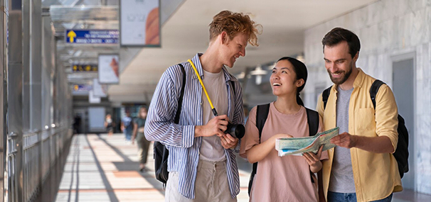 Group of friends exploring city guided by study abroad agencies in Kerala